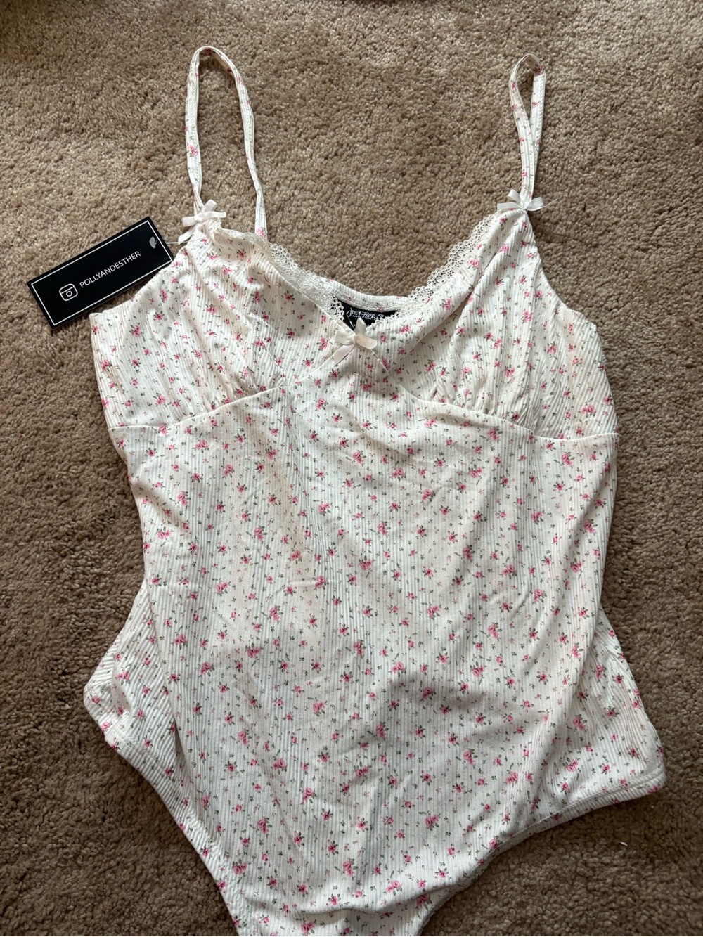 Just Polly Cream Floral Ribbed Cami Bodysuit with Pink Accents